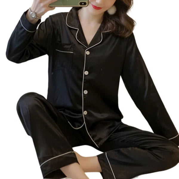 Women's Silk Satin Pajamas Set Long Sleeve Button-Down Sleepwear Loungewear