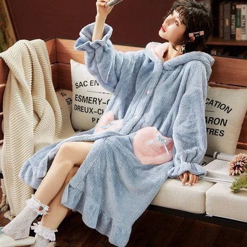 Winter Women Hooded Pajama Sets Ruffled Coral Flannel Sleepwear Cute Nightwear