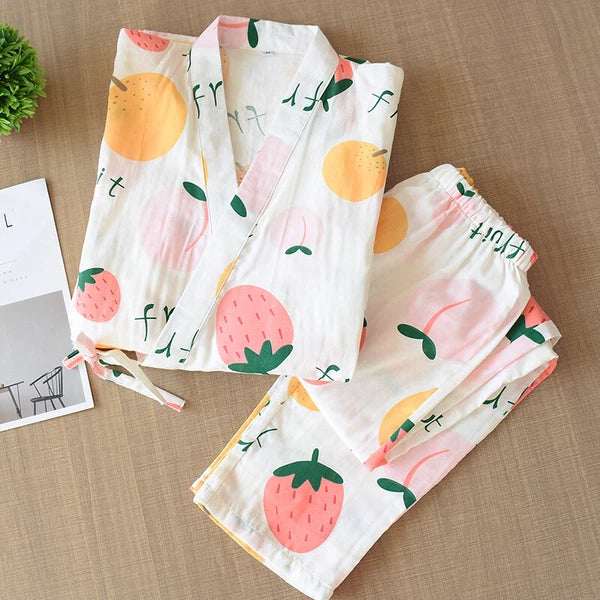 Japanese Harajuku 100% Gauze Cotton Kimono Pajamas Top+Pants Women Nightgown Set