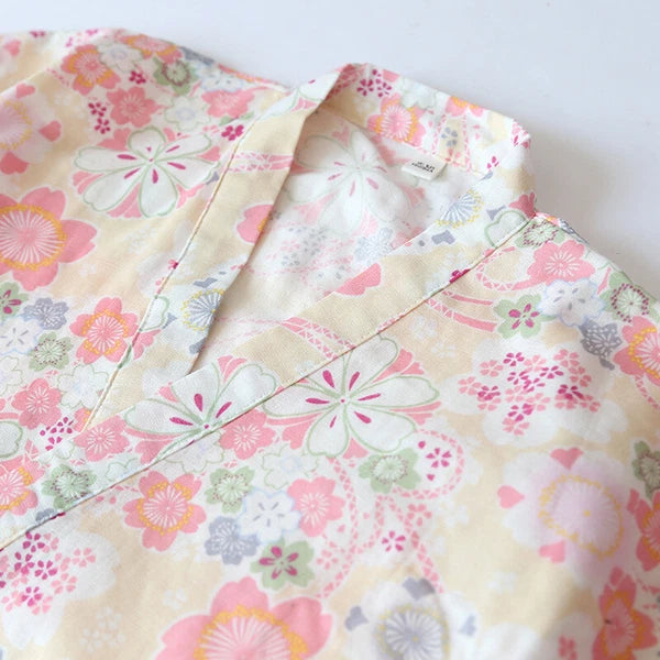 Japanese Women 100% Gauze Cotton Pajamas Set Kimono Short Sleeve Print Sleepwear