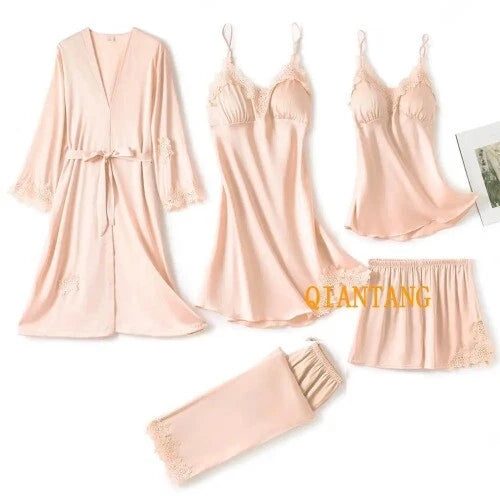 5PC Robe Sleep Suit Lace Satin Pajamas Gown Set V-Neck Wear Home Nightwear