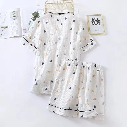 Summer Ladies Cotton Gauze Short Sleeve Shorts Pajamas Suit Cute Heart-shaped