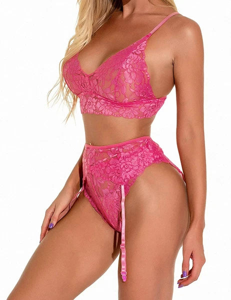 Women Sexy Lingerie Set with Garter Belt Floral Lace Bra and Panty Set Nightwear