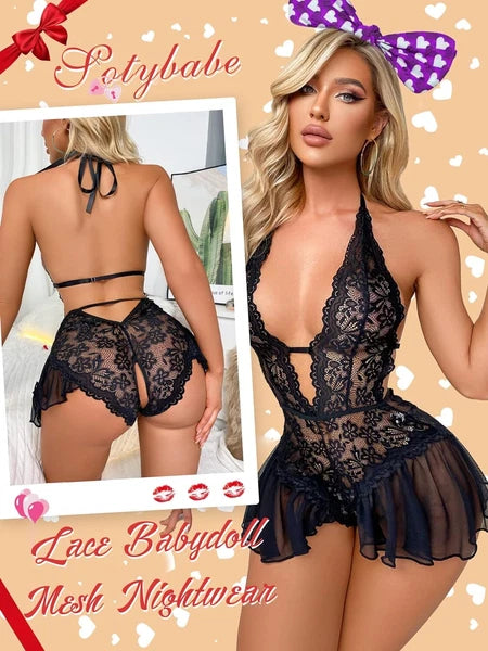 Women's Sexy Lingerie Bodysuit Dress Lace Lingerie Babydoll Nightwear Sleepwear