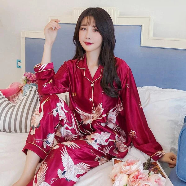 Women's Long Sleeve Silk Pajama Set Button-Down Sleepwear Print Loungewear Plus