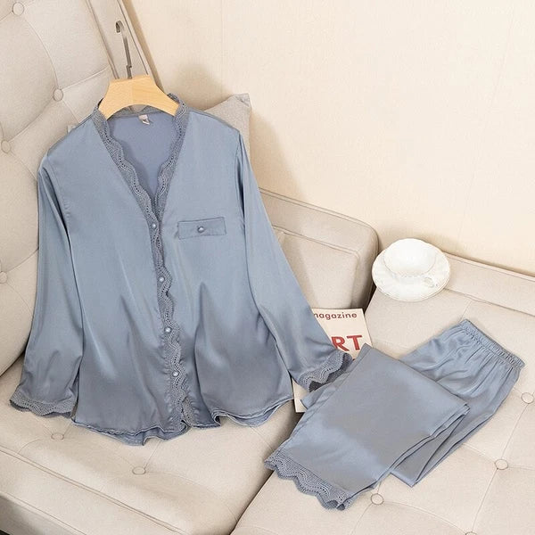 Pajamas Set Satin Women 2 Piece Sleepwear Silky Pyjamas Nightwear Shirt&Pants