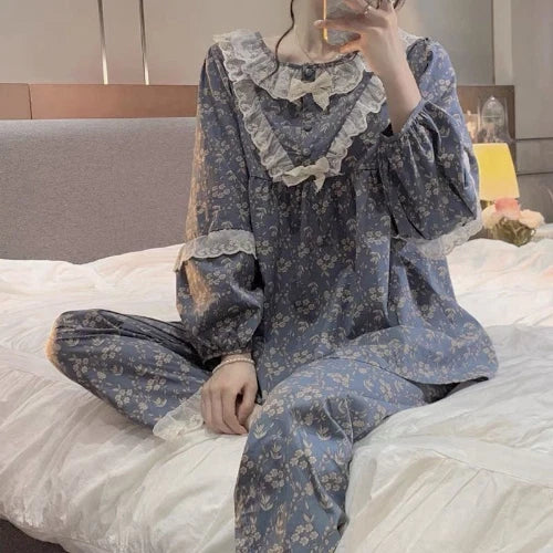 Women Long Sleeve Pajama Sets Floral Lace Princess Ruffles Lounge O-neck Pyjamas