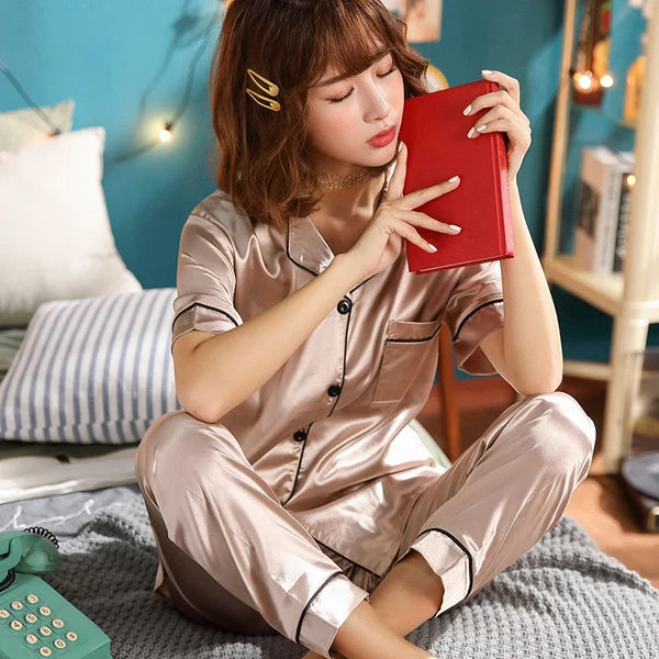 Women Lady Silk Satin Pajamas Set Pyjama Sleepwear Nightwear Summer Homewear Pj