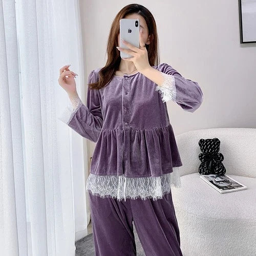 Velvet Pajamas Suit V-Neck 2PCS Set Women Lace Sleepwear Button-down Nightwear