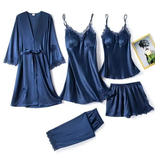 5PC Robe Sleep Suit Lace Satin Pajamas Gown Set V-Neck Wear Home Nightwear