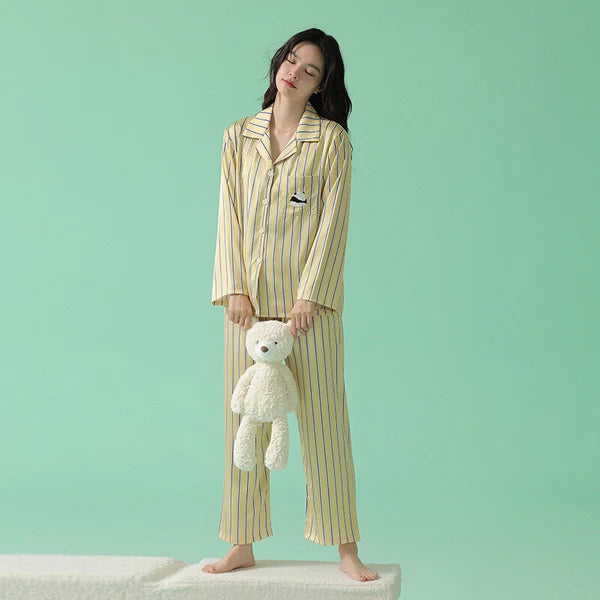 Women's Long Sleeve Pajamas Fashion Striped Homewear Comfortable Antibacterial Clothing-