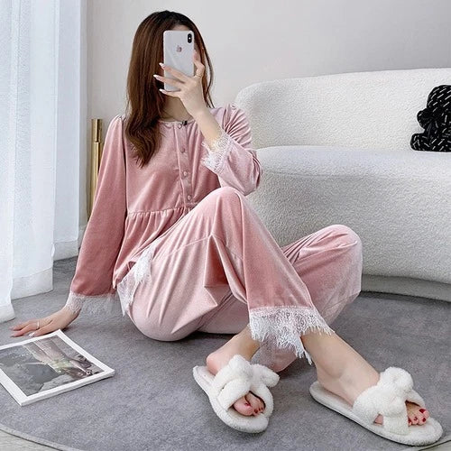 Velvet Pajamas Suit V-Neck 2PCS Set Women Lace Sleepwear Button-down Nightwear
