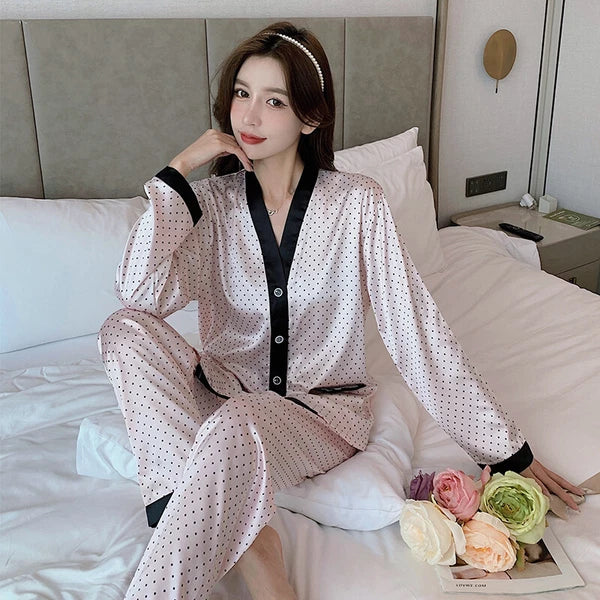 Women's Long Sleeve Silk Pajama Set Button-Down Sleepwear Print Loungewear Plus