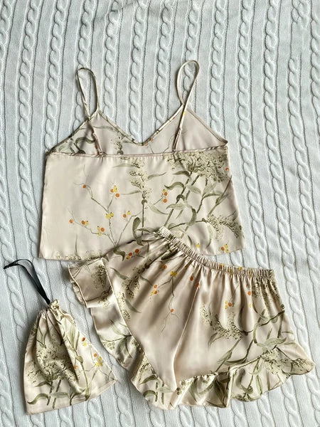 Floral Print Cami Tops Ruffle Hem Shorts Pajama Set Women's Sleepwear Loungewear