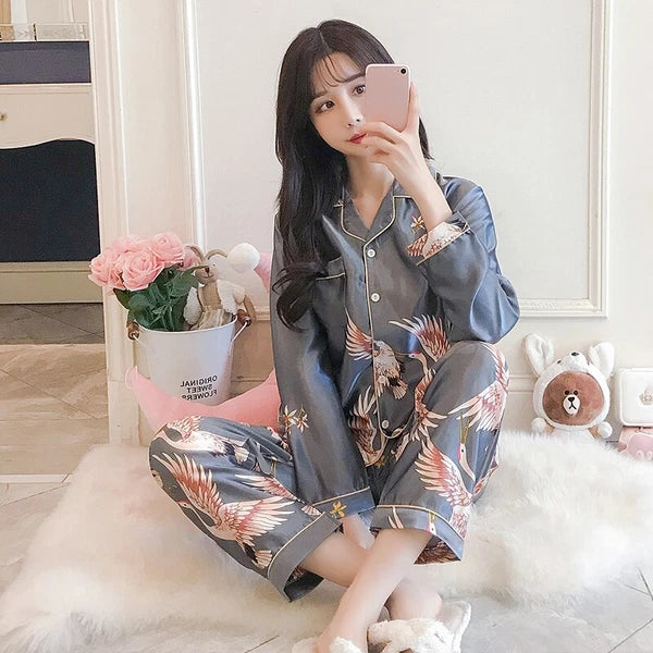 Women's Long Sleeve Silk Pajama Set Button-Down Sleepwear Print Loungewear Plus