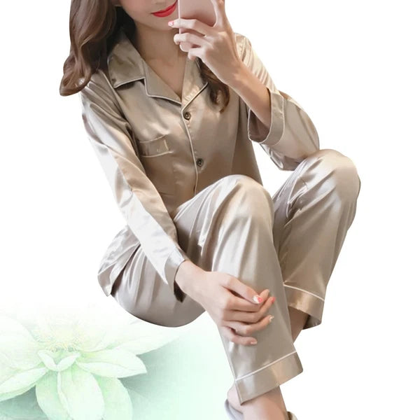 1 Set Female Nightclothes Trousers Simulated Silk Pajamas Set Fresh Long Sleeve
