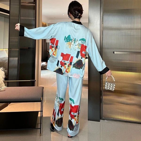 Women's Pajamas Set Luxury Print Silk Sleepwear V Neck Design Homewear Nightwear