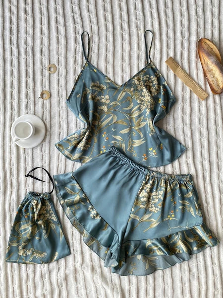 Floral Print Cami Tops Ruffle Hem Shorts Pajama Set Women's Sleepwear Loungewear