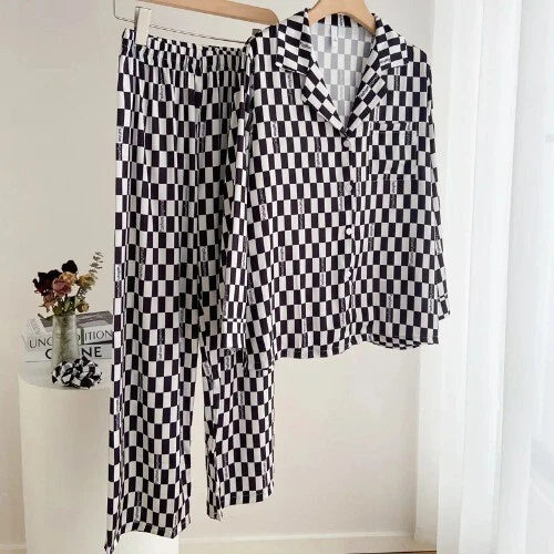 Sleepwear Two-Piece Set Elegant Print Plaid LongSleeve PijamasSuit Spring Summer