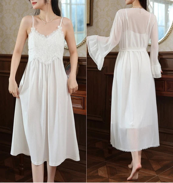 Women Lounge Suit Sling Padded Dress Cotton Robes Mesh Nightwear 2pcs 161201