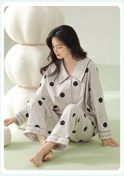 Autumn Women's Pajamas Set Long Sleeve Outdoor Polka Dot Print Antibacterial Clothing-