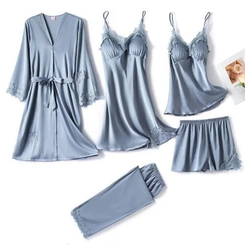 5PC Robe Sleep Suit Lace Satin Pajamas Gown Set V-Neck Wear Home Nightwear