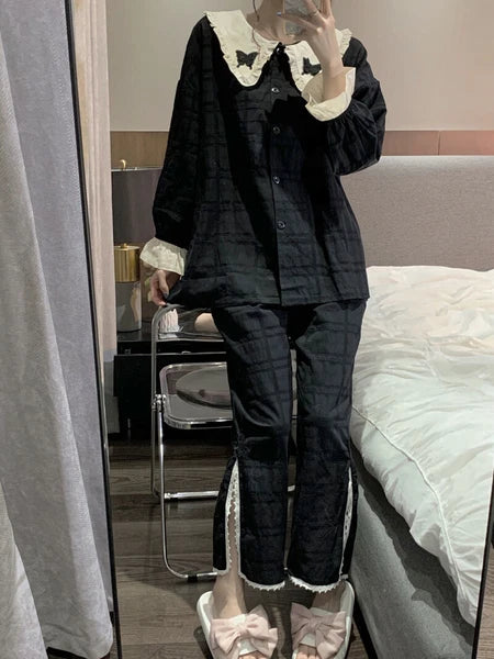 Korean women sweet pajamas long-sleeved trousers home service two-piece suit