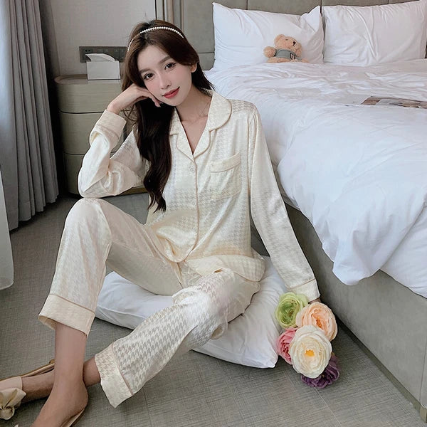 Women's Long Sleeve Silk Pajama Set Button-Down Sleepwear Print Loungewear Plus