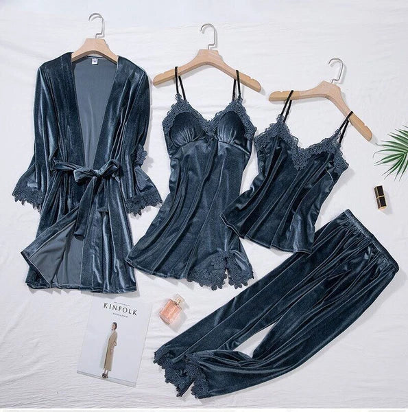 Pajama Suit Women 4PCS Robe Set Sleepwear Lady Lace Folwer Bathrobe Gown