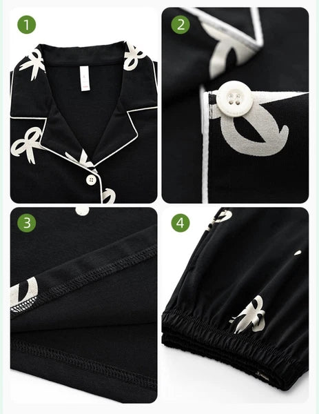 Women's Pajamas Set Long Sleeve Cardigan Bow Print Comfortable Antibacterial Homewear-