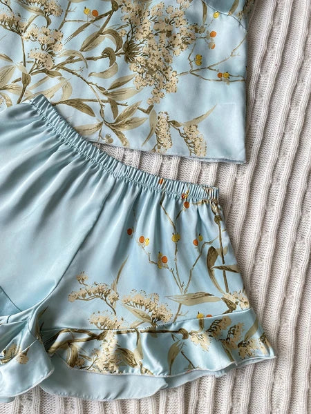 Floral Print Cami Tops Ruffle Hem Shorts Pajama Set Women's Sleepwear Loungewear