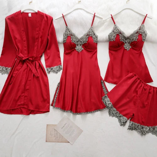 5PC Ice Silk Robe Sleep Suit Women Lace Satin Pajamas Gown Set V-Neck Nightwear