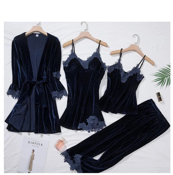 Velour Home Clothing 4pcs Sleep Set Intimate Lingerie Women Pajamas Long Sleeve