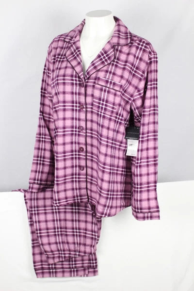 Eddie Bauer Women's 2 Piece Flannel Pajama Set Notch Collar Purple Plaid
