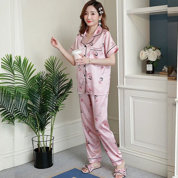 Women's Satin Pyjamas Set Short Sleeve Button-Down Sleepwear Silk PJS Loungewear