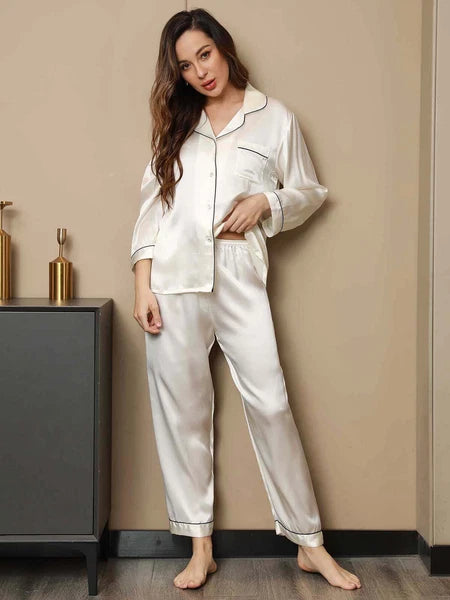Women's 19mm Pure Mulberry Silk Pajamas Set Silk Sleepwear Nightwear Home Wear