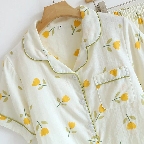 3PCS Women Pajamas Set 100% Gauze Cotton Printed Pyjamas Short Sleeve Sleepwear