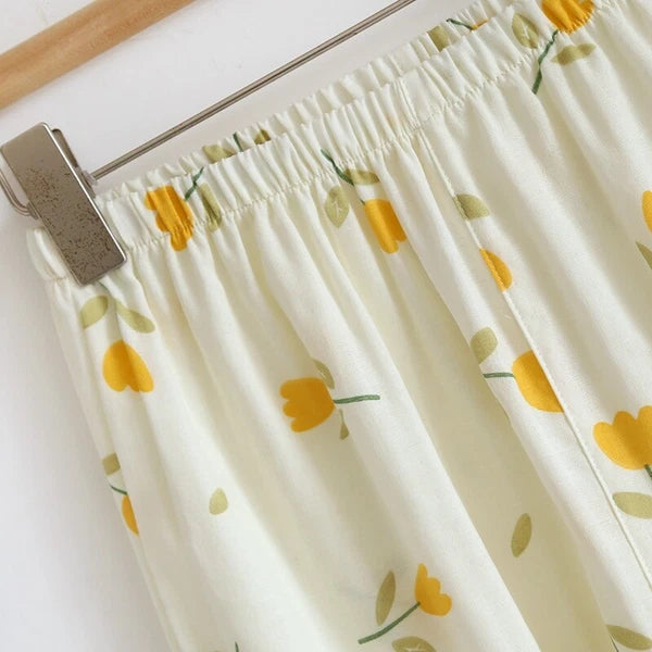 3PCS Women Pajamas Set 100% Gauze Cotton Printed Pyjamas Short Sleeve Sleepwear