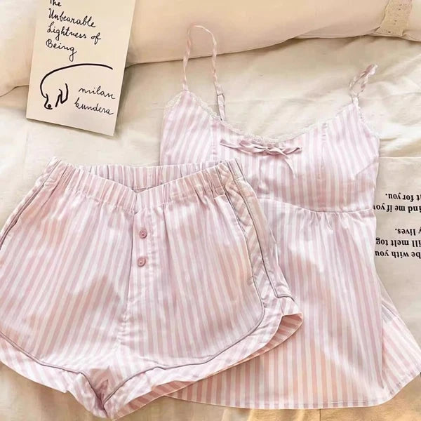 Sleeveless Lace Stripe Pyjama Suit Two Piece Pyjama Sets Gifts-