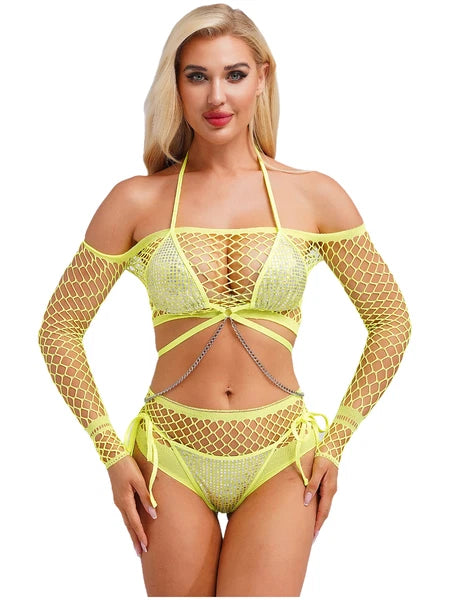 Womens Underwear Shiny Thong Crop Top Lingerie Lace-up Nightwear 4-piece Bra