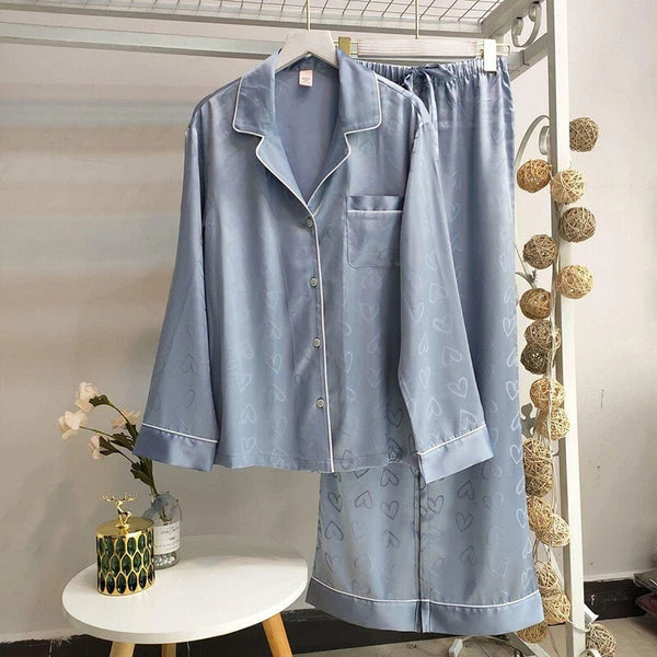 Women Silk Satin Pajamas Long Sleeve Sleepwear 2-piece Button-Down Home Wear Pjs