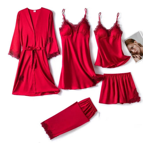 5PC Ice Silk Robe Sleep Suit Women Lace Satin Pajamas Gown Set V-Neck Nightwear