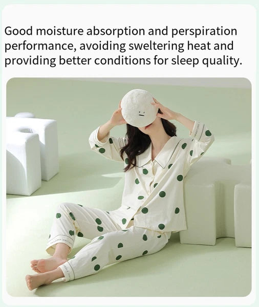 Autumn Women's Pajamas Set Long Sleeve Outdoor Polka Dot Print Antibacterial Clothing-