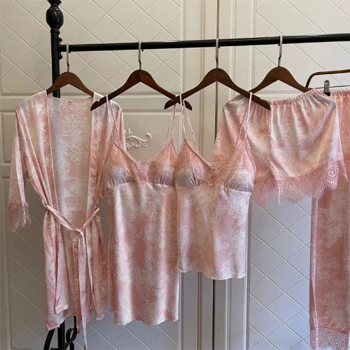 Women Satin Pajamas Suit V-Neck Kimono Robe Set with Cheast Pads Nightwear Sexy