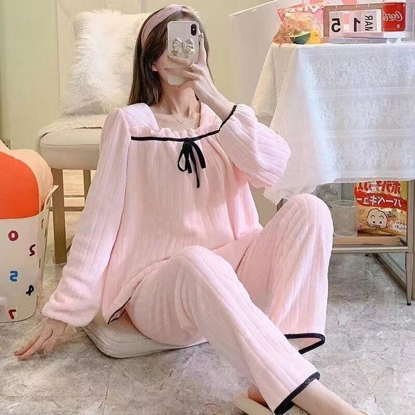 2022 women's autumn and winter pajamas set thick cute pajamas flannel pajamas