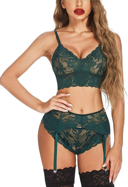 Women Sexy Lingerie Set with Garter Belt Floral Lace Bra and Panty Set Nightwear