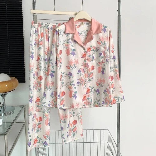 Sleepwear Two-Piece Set Elegant Print Plaid LongSleeve PijamasSuit Spring Summer