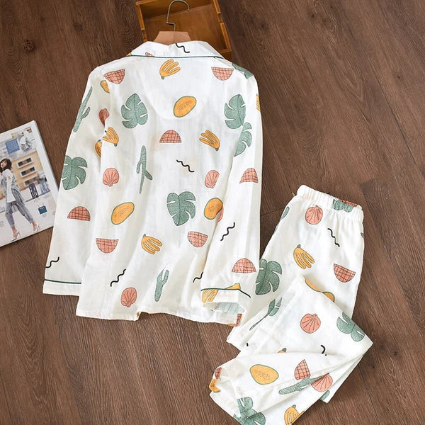 Women Pajamas Set 100% Cotton Printed Sleepwear Casual Nightwear Gauze Home Wear