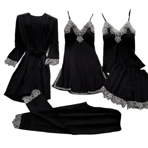 Lace Patchwork Women's Pajamas Set with Top Shorts Pants Lace-up Waist Homewear