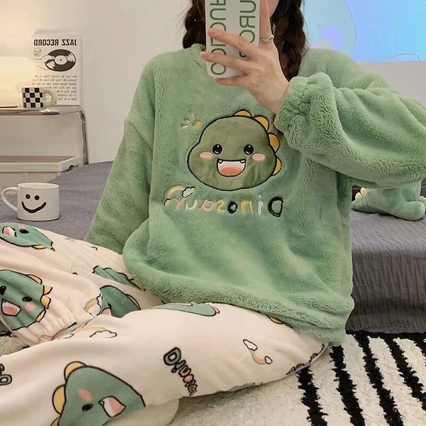 Sleepwear Thickening Round Neck Long Sleeve Women's 2 Pieces Set Dinosaur Suit